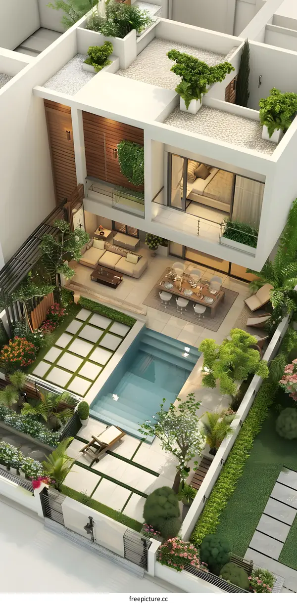 A luxurious two-story house with a pool and a garden