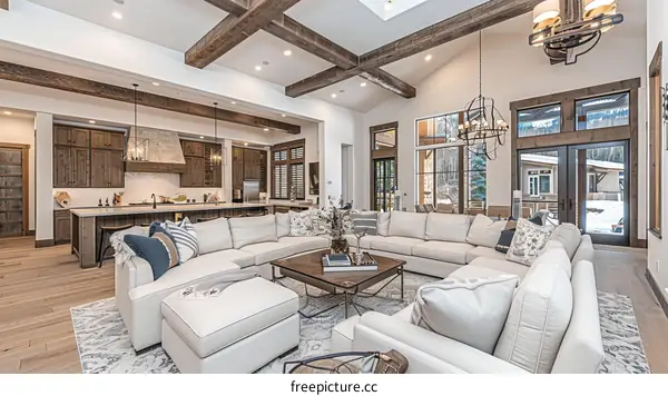 Modern mountain home interior living room with wood beams