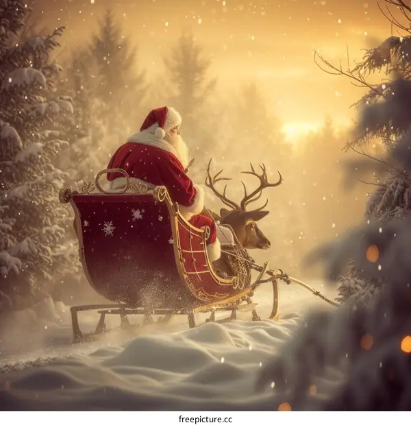 Santa Claus riding in his sleigh through a snowy forest