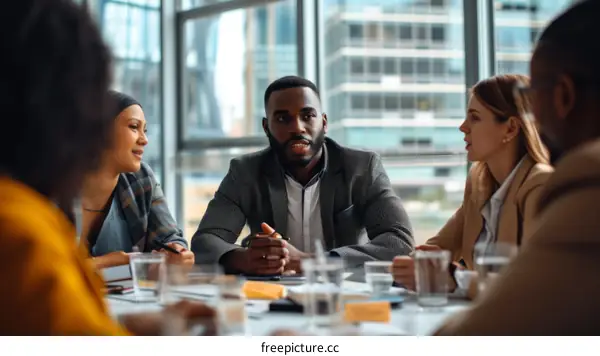 A group of people having a business meeting in an office