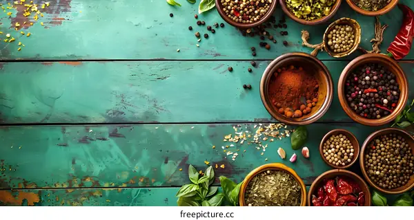 Various Spices In Bowls On Wooden Table
