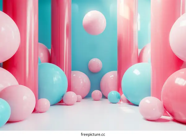 Abstract Geometric Shapes Composition with Pink and Teal Balls