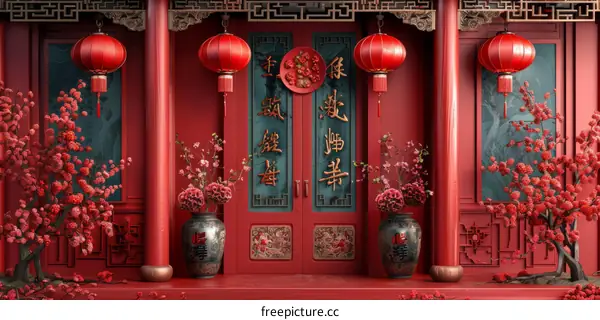 Chinese House Gate with Red Lanterns and Pink Flowers