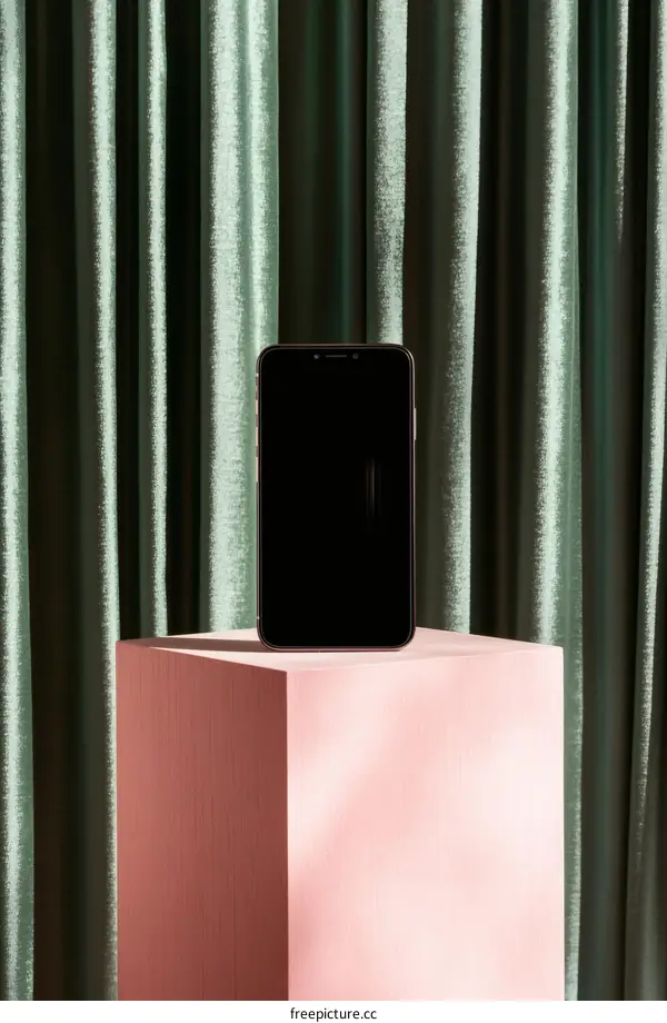 Stylish Smartphone on a Pink Cube Display Against a Green Curtain Background