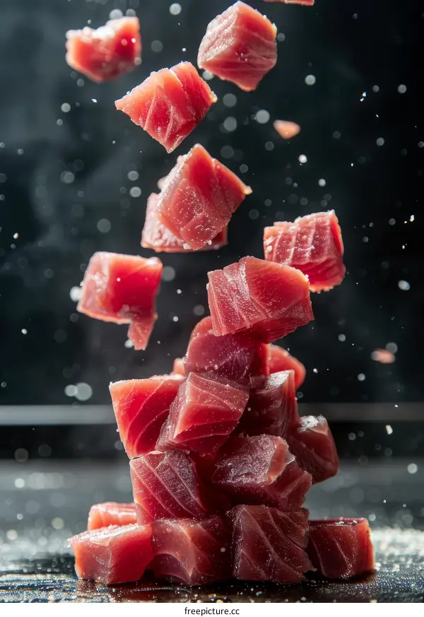 Falling chunks of raw tuna meat