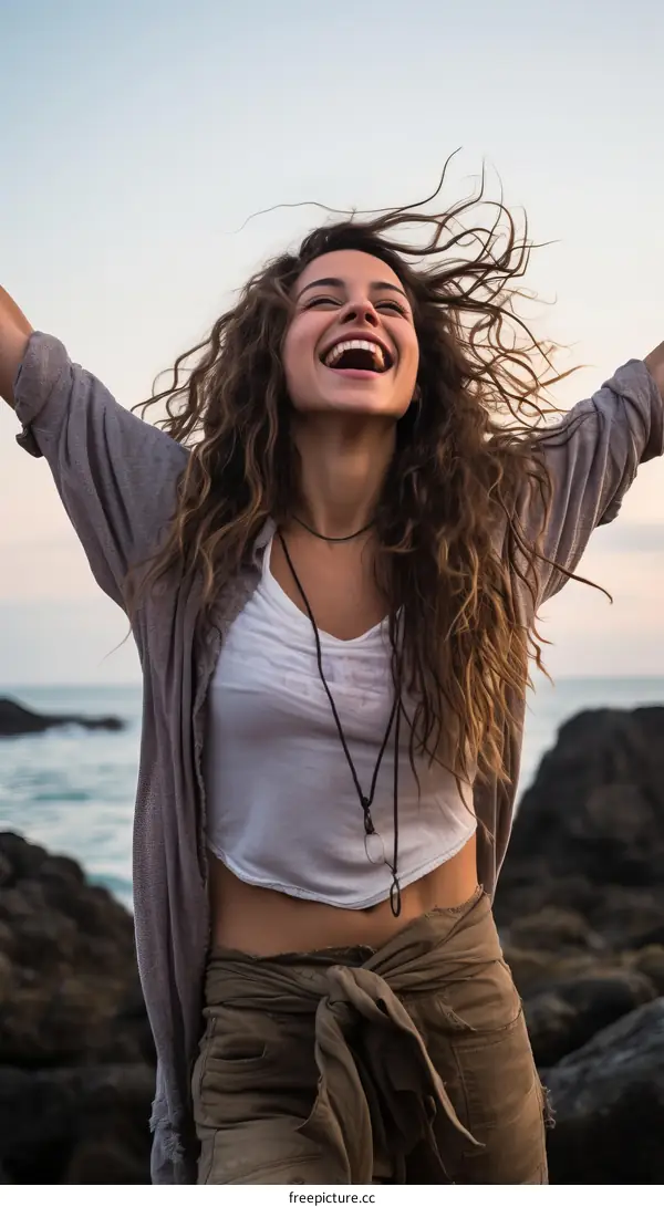 carefree young woman celebrating life with arms outstretched in front of ocean