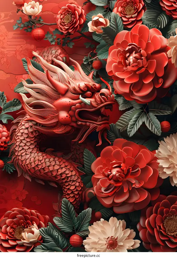 A red dragon winds its way through a field of red and white flowers.