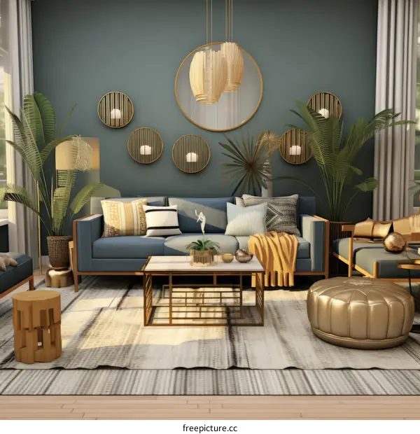 A Stylish Living Room With Blue Couch and Plants