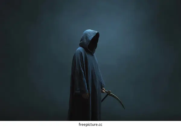 Mysterious Figure in Dark Robe with Scythe