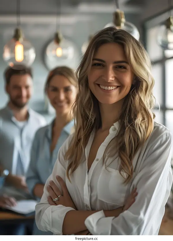 portrait of a smiling businesswoman with her colleagues in the background