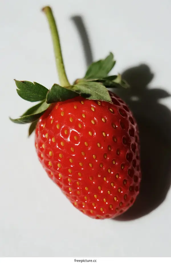 Fresh Red Strawberry with Green Leaves and Stem Close-up