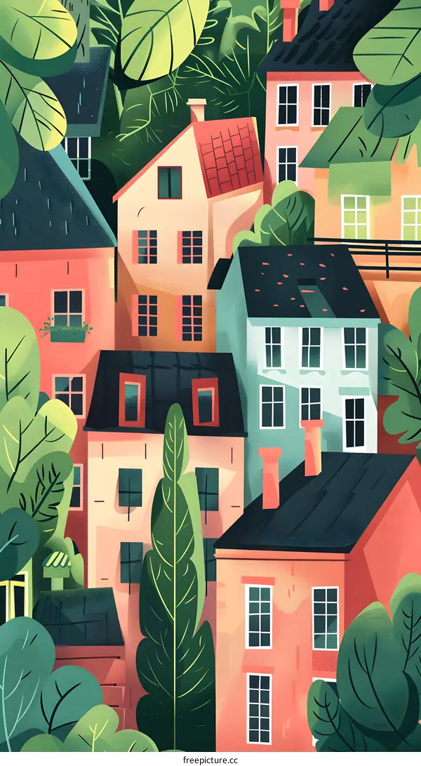 Colorful Illustration of Houses in a Green Forest