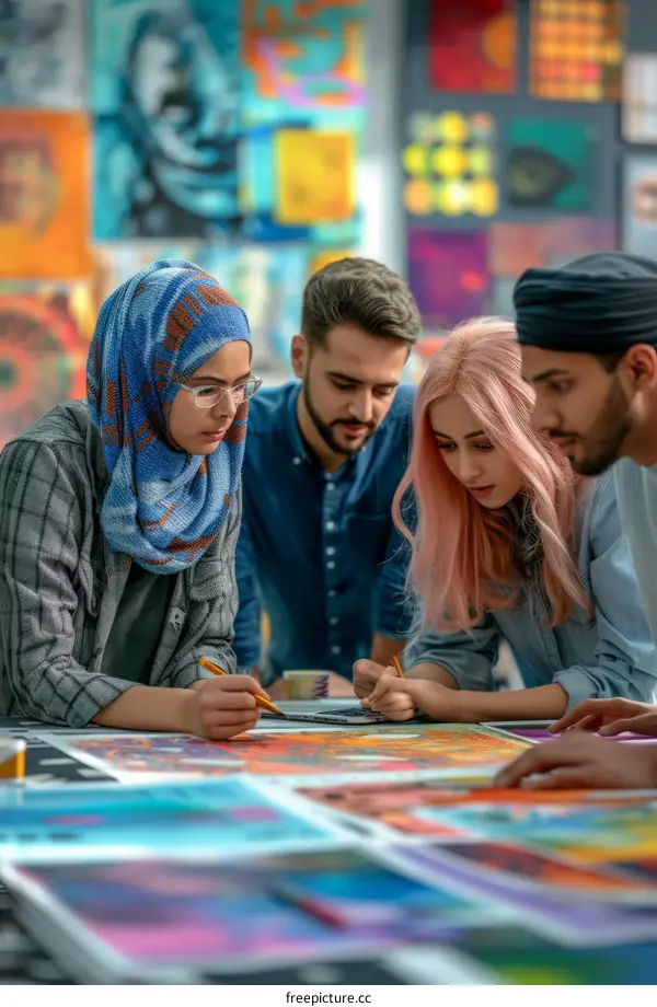 A group of people of various ethnicities are working together on an art project.