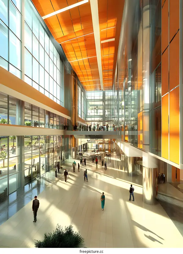 Modern Glass and Orange Ceiling Atrium Lobby Interior Design