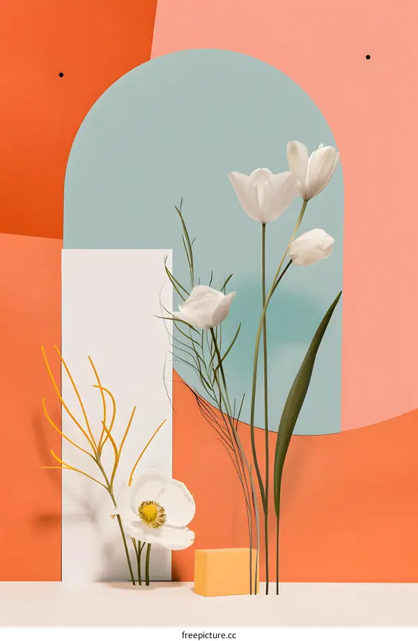 Minimalist Flower Arrangement with White Tulips and a Single Poppy on a Colorful Background