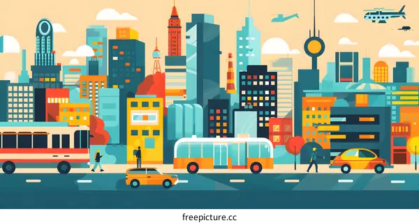 Cityscape with Buildings, Vehicles, and People Illustration