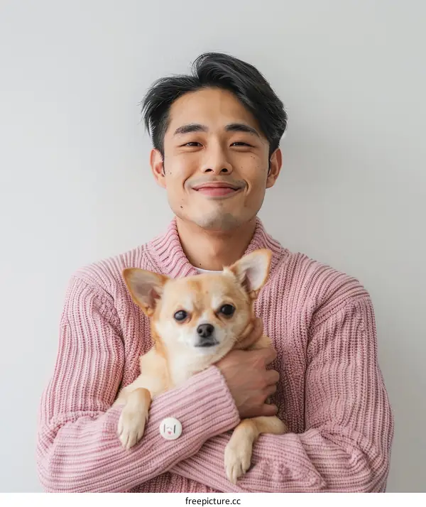 Asian man smiling while hugging a small dog