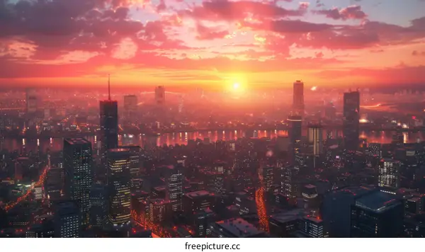 Cityscape with Sunset and River