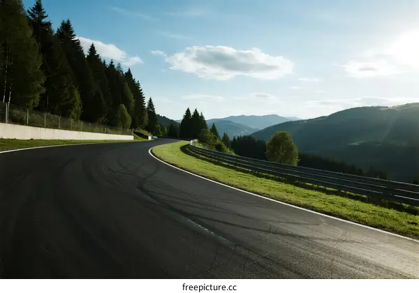 A winding asphalt road surrounded by lush green trees and mountains