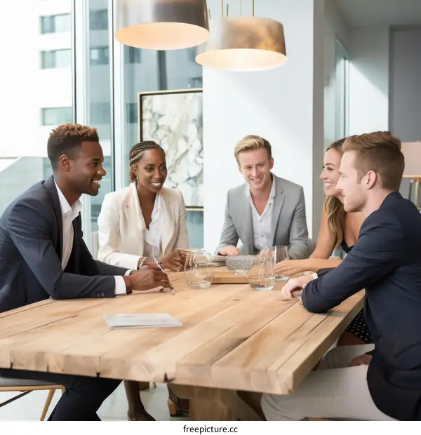 Multiethnic business people meeting around wooden table in modern office space