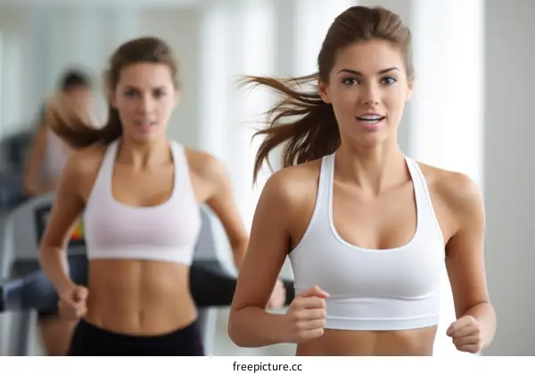 Two women running on treadmills in a gym
