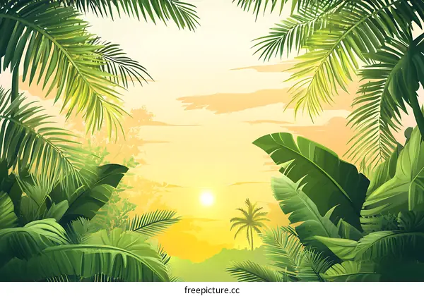 Tropical Jungle Leaves Sunset Background Illustration