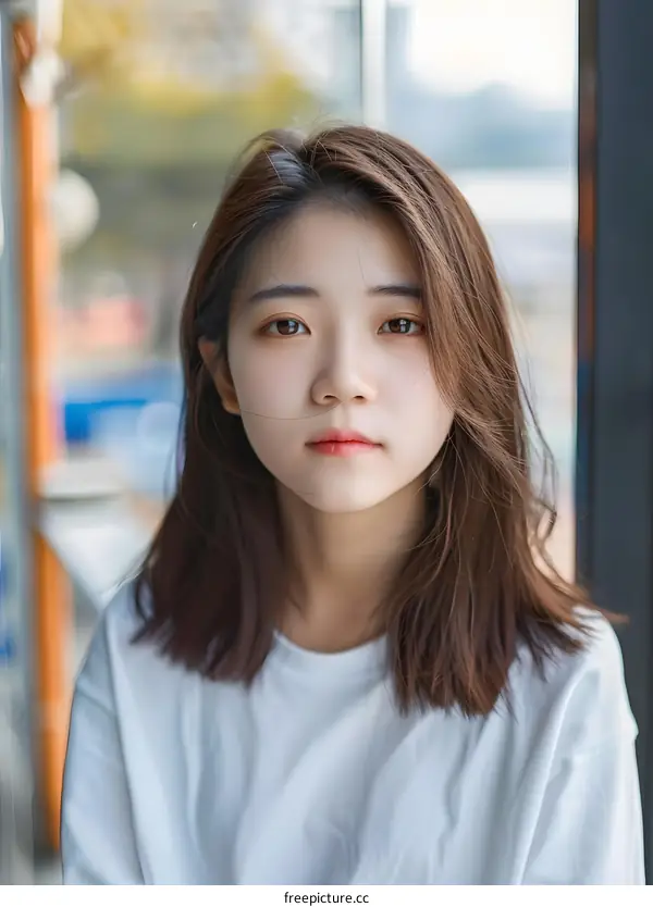 Young Asian Woman in White T Shirt Looking at Camera with a Neutral Expression