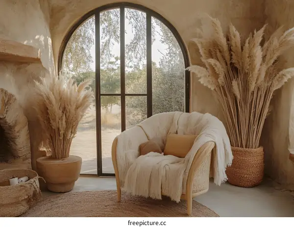 Cozy Living Room With Beige Armchair and Pampas Grass