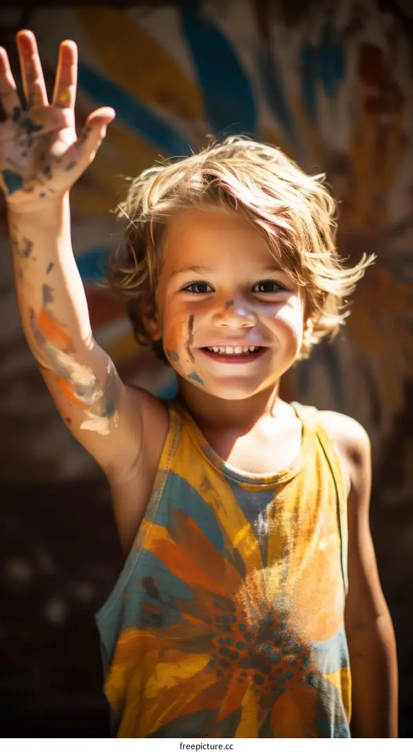 Portrait of a happy young boy covered in paint