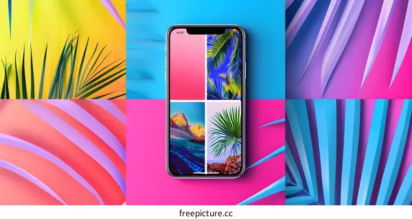 Colorful Phone Mockup with Palm Leaves