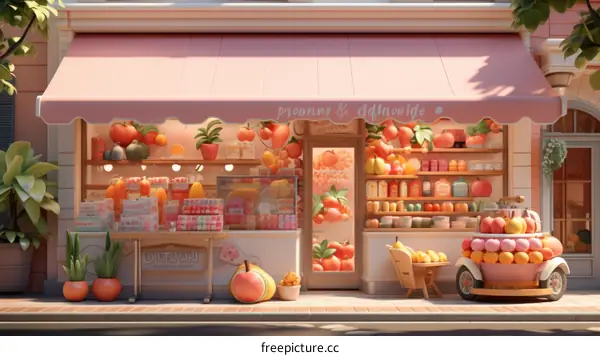 A Delightful Peach Shop with a Pink Canopy