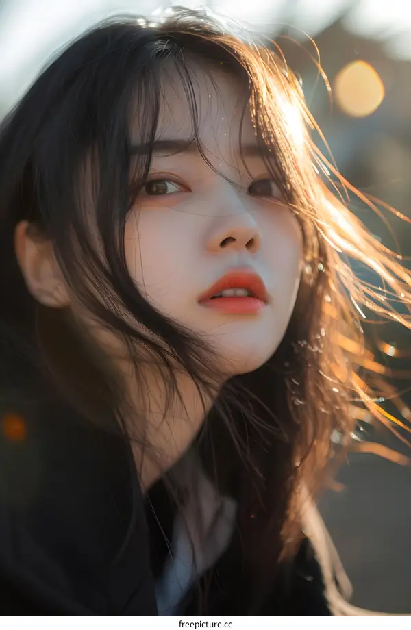 Asian Girl with Long Black Hair Looking at the Camera