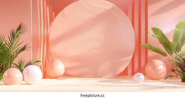 Abstract Minimalist 3D Render with Peach and White Color Palette and Palm Leaves