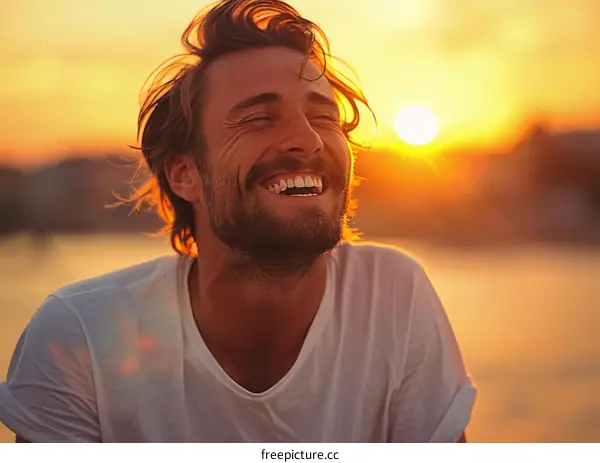 Happy Man Laughing at Sunset