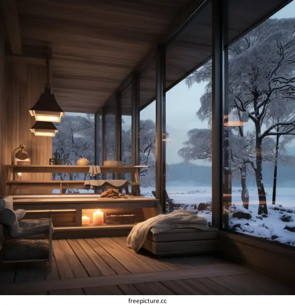 A cozy lakeside cabin with a view of the snowy forest