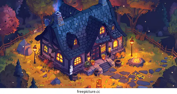 Fantasy Cottage Illustration with a  Fire Pit in the Forest at Night