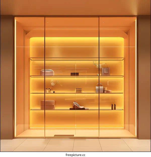 Golden Interior Design with Glass Shelves and Illuminated Yellow Backdrop
