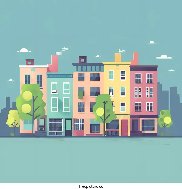 Flat Design Illustration of Colorful Row Houses with Green Trees
