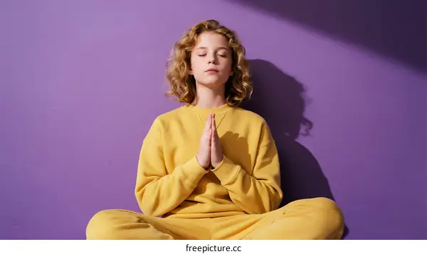 Young woman in yellow outfit meditating with hands in prayer position