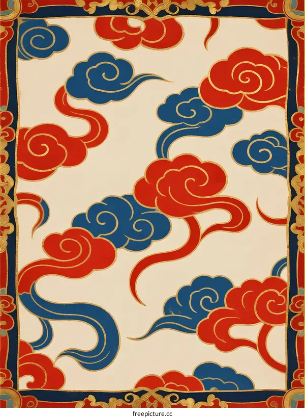 Traditional Chinese Cloud Pattern with Red and Blue Colors in Ornate Frame