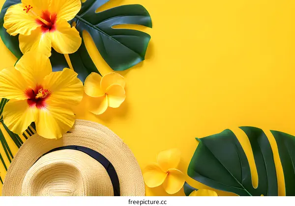 Yellow Flowers and Green Leaves on Yellow Background