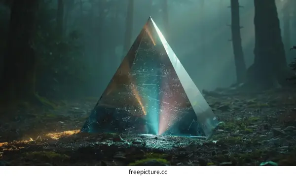 Mystical Crystal Pyramid in a Foggy Forest