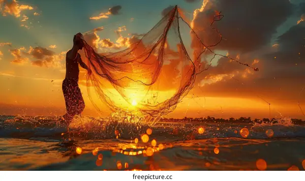 Fisherman casting his net at sunset