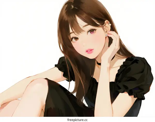 A young woman with long brown hair in a black dress sitting gracefully