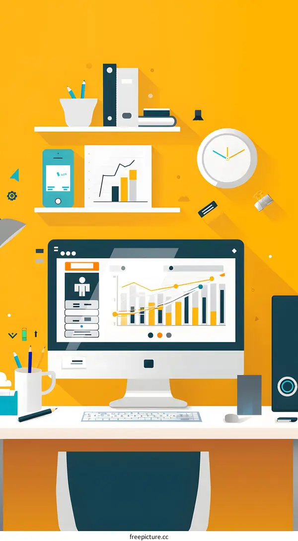 Flat Design Illustration of a Desk With a Computer and Desk Accessories