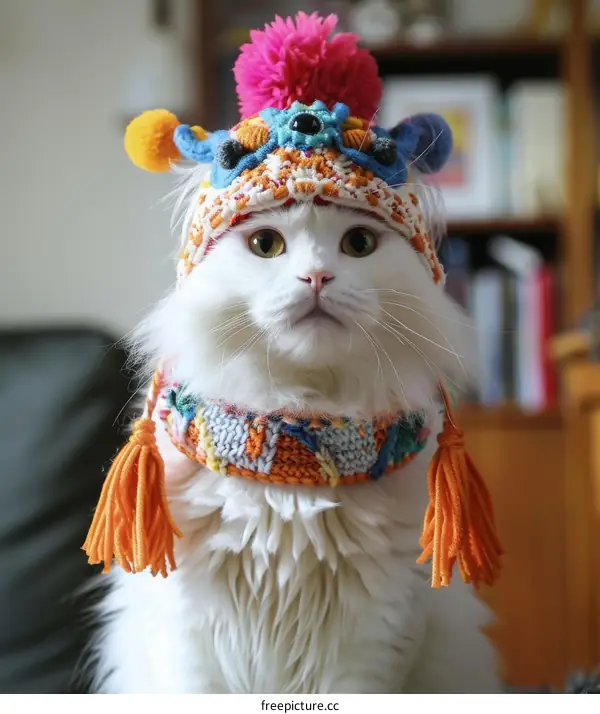 A white cat wearing a colorful hat and scarf