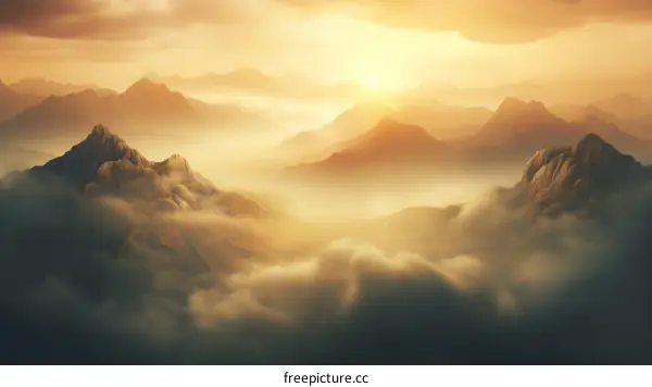 Misty mountain landscape with clouds and sunlight