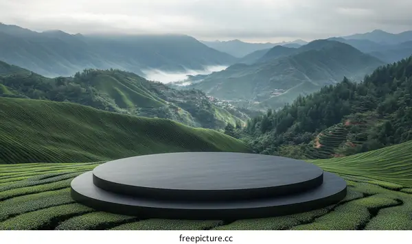 Empty Display Platform in Tea Plantation Landscape