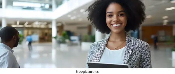 African American Businesswoman with Tablet in Office Building
