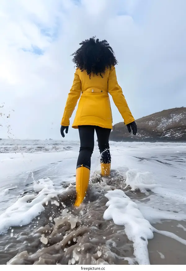 Woman Walking on the Beach in Yellow Rain Boots